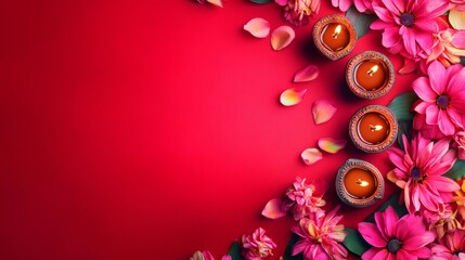 Obraz premium Diwali diya oil lamps with flowers holiday background. Creating a festive and decorative composition.