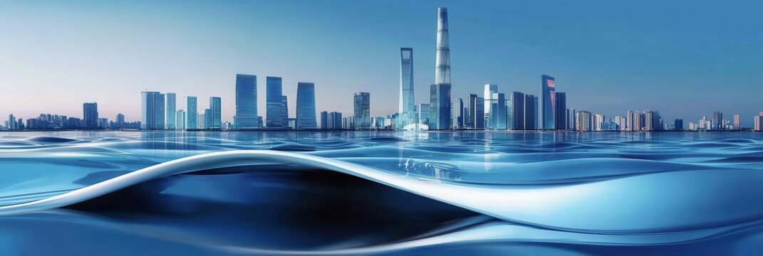 Elegant and Futuristic Promotional Poster Featuring an Abstract City Skyline Melting Over Water Waves, Symbolizing Innovation in Technology and Environmentalism