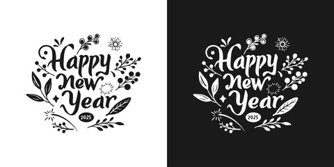 Abstract text calligraphy Happy New Year decorated with natural ornaments