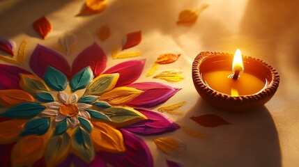 Diwali diya oil lamps with beautiful bright Indian pattern of colors holiday background. Creating a festive and decorative composition.