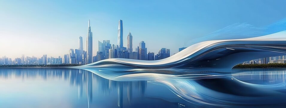 Elegant and Futuristic Promotional Poster Featuring an Abstract City Skyline Melting Over Water Waves, Symbolizing Innovation in Technology and Environmentalism