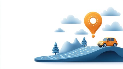 Naklejka premium A vibrant illustration of a car driving on a scenic road, with mountains and a location pin, symbolizing travel and adventure.