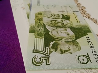 Pakistani currency macro 75 Rupees note.