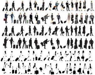 collection of  Business people with luggage silhouette full isolated on white set