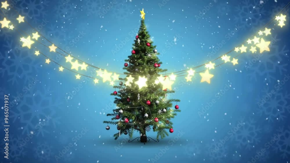 Wall mural Animation of christmas tree over snow falling