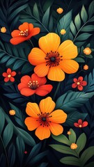 Flower garden illustrated in flat design style with bold, simplified shapes and vibrant, contrasting colors for flowers and foliage.