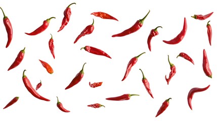 Fototapeta premium Vibrant Red-Hot Chili Peppers Flying Through the Air on a White Background. Perfect for Food, Culinary, and Spice-Themed Designs