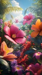 Naklejka premium Flower garden in stylized 3D style with bold forms, vivid colors, and a dynamic, realistic portrayal of flowers and foliage.