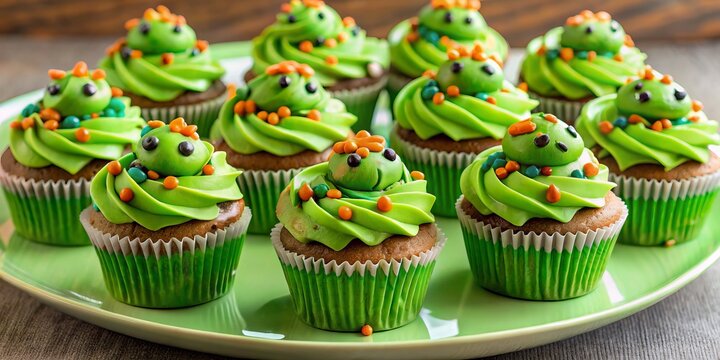 Green-frosted cupcakes with ninja turtle figurines stand tall on a plate, surrounded by a scattering of colorful