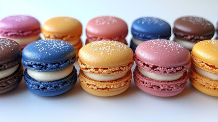 Obraz premium Colorful macarons with a white filling and sprinkled with sugar.