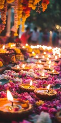 Naklejka premium Diwali diya oil lamps with flowers holiday background. Creating a festive and decorative composition.