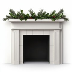 Elegant white mantel decorated with festive greenery and holly berries, perfect for holiday decor and winter celebrations.