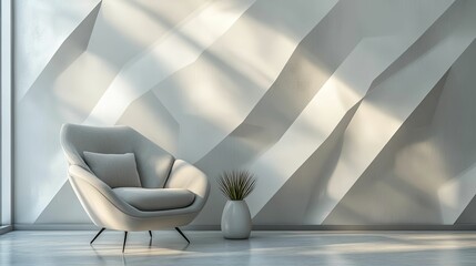 Modern White Armchair in Minimalist Room with Geometric Wall