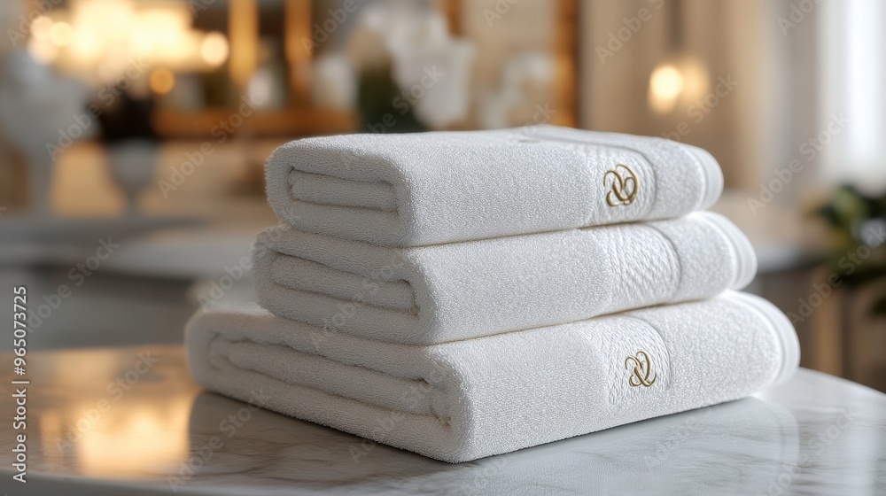 Wall mural monogrammed towel set, luxury spa gift with name embroidery, soft textures, 3d illustration