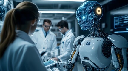 Fototapeta premium A group of scientists in a high-tech lab working on next-generation AI systems