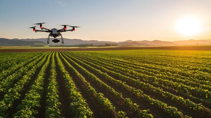 A smart farm with automated machinery and drones monitoring crops