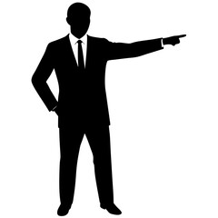 a business man stand with a hand expression of pointing of front direction, vector silhouette, isolated white background 