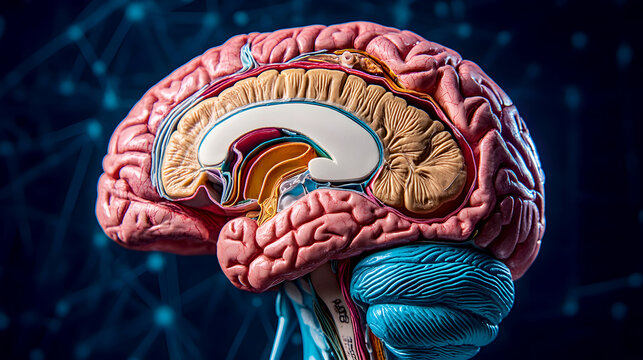 detailed brain illustration with labeled sections, including the frontal, parietal, temporal, and occipital lobes