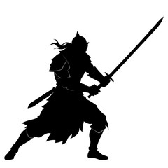 a sword warrior standing in an action pose as a black color silhouette isolated on a white background