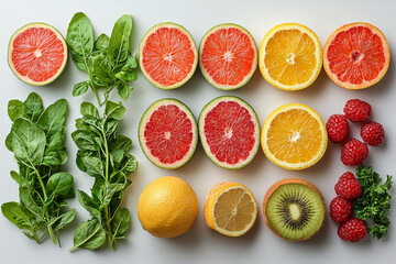 A flat lay of citrus fruits, kiwi, raspberries and leafy greens.