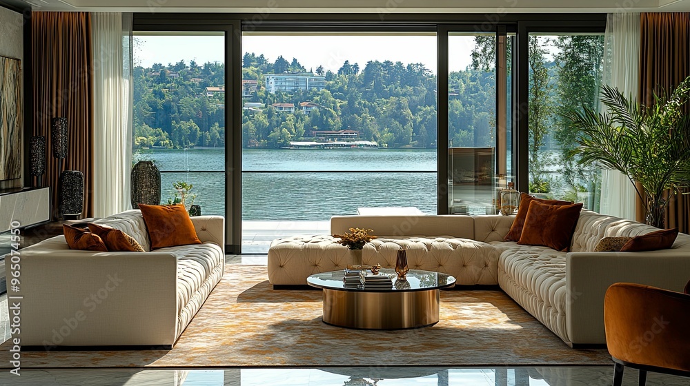 Wall mural Luxurious Living Room with Sectional Sofa and Lake View