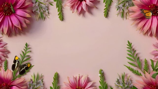 A frame of several colorful flower stalks with a pink background. Seamless 4K looping timelapse video animation background