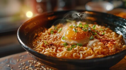 Fototapeta premium A restaurant-style egg drop soup dish with cheese, spices, and an egg yolk on top.