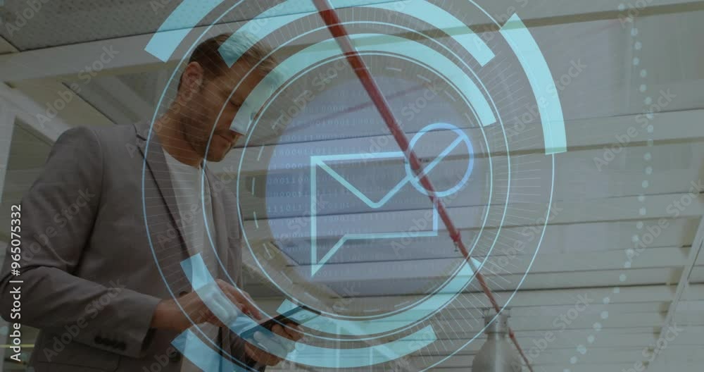 Poster animation of data processing and envelope over caucasian man using smartphone