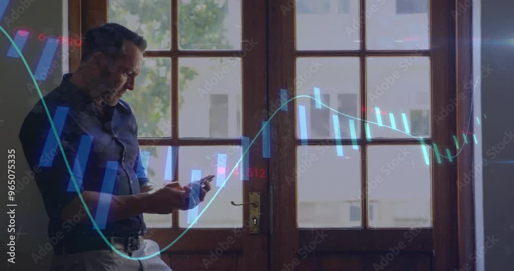 Poster animation of data processing and diagrams over caucasian man using smartphone