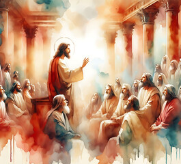 Jesus Christ teaches in the Temple. Watercolor Biblical Illustration	