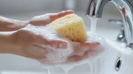 Fototapeta premium Close-up of hands being washed under running water in a bathroom sink, with a bar of soap and sponge nearby, promoting hygiene on Global Handwashing Day