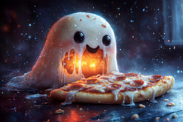 A friendly ghost enjoys a delicious pizza slice.