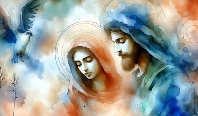 Watercolor painting and illustration of Joseph and Maria. Digital Watercolor Biblical Illustration	