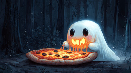 A friendly ghost enjoys a slice of pizza in a spooky forest.