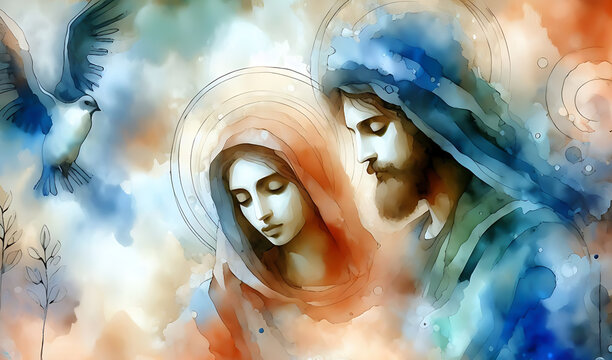 Watercolor painting and illustration of Joseph and Maria. Digital Watercolor Biblical Illustration	 - Powered by Adobe