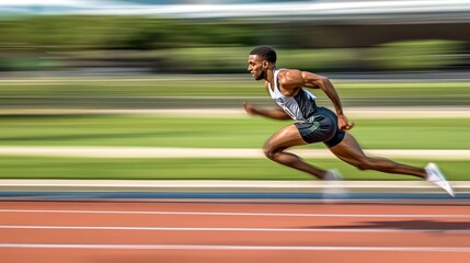 Male Athlete Running on Red Track with Blurred Background