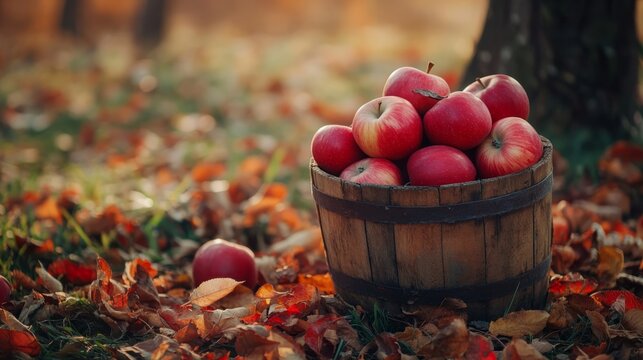 A wooden bucket overflowing with red apples sits on the lush grass, surrounded by fallen leaves under an apple tree, marking National Apple Day