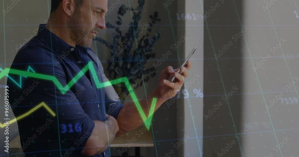 Poster animation of data processing and diagrams over caucasian man using smartphone