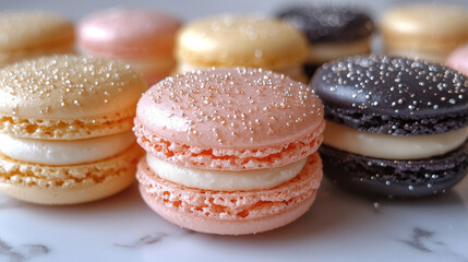Fototapeta premium A close-up of colorful macarons with silver sprinkles.