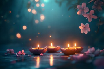 Diwali diya oil lamps with flowers holiday background. Creating a festive and decorative composition.