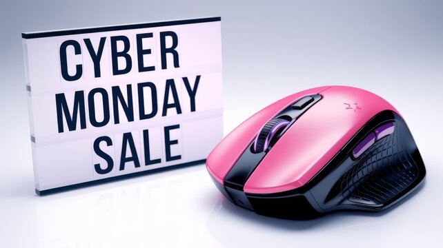 Bright pink and purple computer mouse next to a Cyber Monday sale sign on a white backdrop
