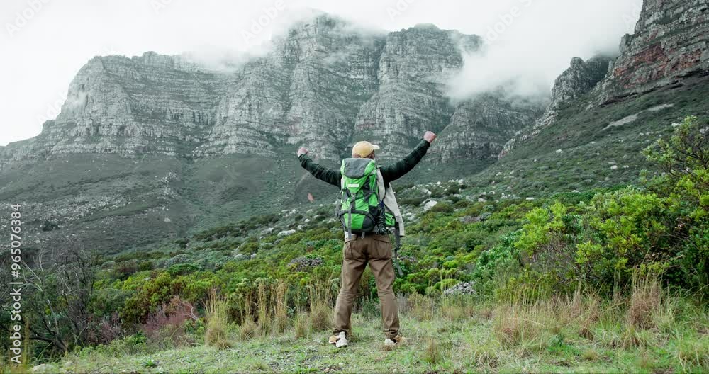 Canvas Prints View, hiking and man with mountains, back and adventure with routine, retirement and activity. Outdoor, hiker and person with journey, nature and recreation with wellness, celebration and healthy