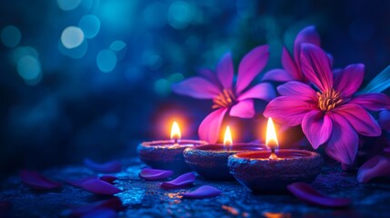 Diwali diya oil lamps with flowers holiday background. Creating a festive and decorative composition.