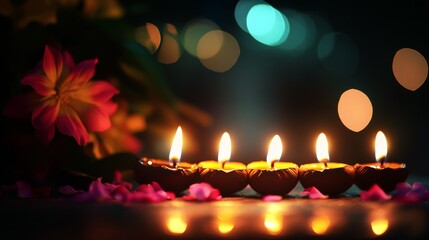 Diwali diya oil lamps with flowers holiday background. Creating a festive and decorative composition.