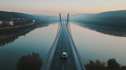 A car crossing a modern suspension bridge over a wide river