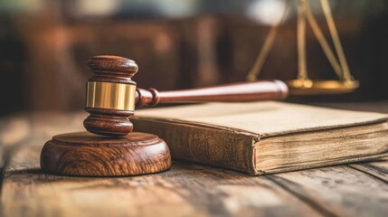 An overhead view of a court gavel on a wooden surface next to a law book, with the focus on the gavel and a softly blurred background, representing justice and the legal profession