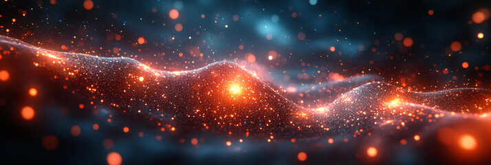 Abstract background with glowing particles and a wavy texture.