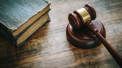 Obraz premium A polished court gavel lies atop a wooden table next to a law book, captured from above with a shallow depth of field, emphasizing the importance of the legal system on National Paralegal Day
