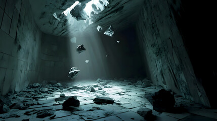 Obraz premium dimly lit room, with jagged rocks falling through a gaping hole in the ceiling