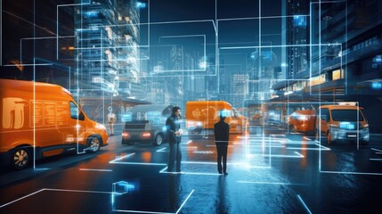 Two people stand in the middle of a futuristic city street, surrounded by glowing lines and digital interfaces.
